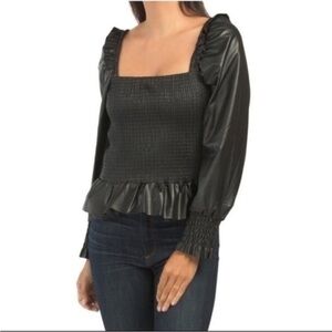 7 FOR ALL MANKIND Square Neck Shirred Smocked Faux Leather Peplum Blouse Top